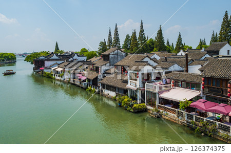 Zhujiajiao village with historic buildings and canals that cross the town, Shanghai, China 126374375