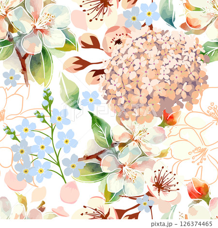 Seamless pattern of pink sakura flowers. hand drawing. Not AI, Vector illustration 126374465