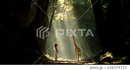 A young girl smiles in awe as she watches a graceful giraffe move through a sunlit forest. Generated image 126374733