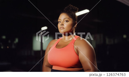 Plus size woman lifting dumbbells and training indoors at the gym, showcasing strength and determination. Generated image 126374763