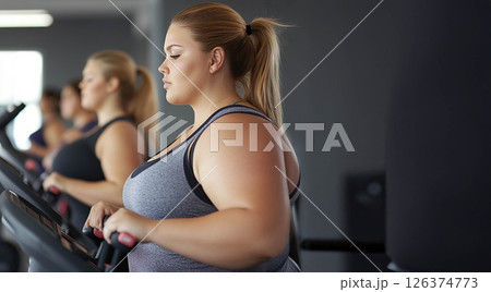 Plus size woman training with a personal trainer at the gym, working towards her fitness goals. Generated image Plus size woman training with a personal trainer at the gym, working towards her fitness goals. Generated image 126374773