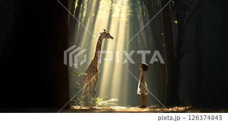 A young girl smiles in awe as she watches a graceful giraffe move through a sunlit forest. Generated image 126374843