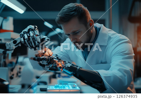 Robotics engineer calibrating a robotic prosthetic hand, showcasing advanced medical technology. Generated image 126374935