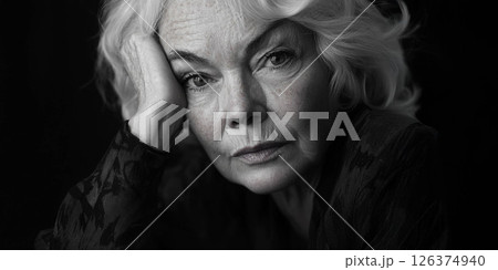 Senior woman looking exhausted with her head resting on her hand, reflecting a moment of fatigue. Generated image 126374940