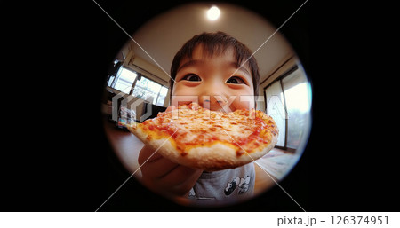 Happy child enjoying a delicious snack in natural daylight, captured with a fish eye lens. Generated image 126374951