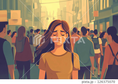 A woman experiencing a panic attack in a busy city street, surrounded by a crowd yet feeling isolated and overwhelmed. Generated image  126375070