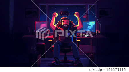 Young Gamer Celebrating Victory with a Joyful Victory Pose.Generated image Young Gamer Celebrating Victory with a Joyful Victory Pose.Generated image 126375113