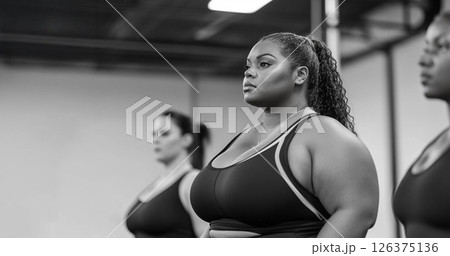 Plus size woman training with a personal trainer at the gym, working towards her fitness goals. Generated image 126375136