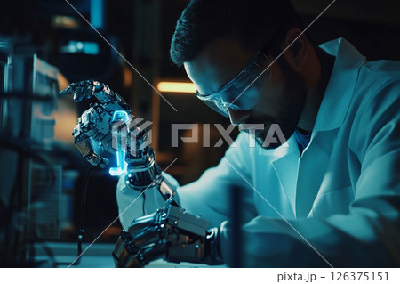 Robotics engineer calibrating a robotic prosthetic hand, showcasing advanced medical technology. Generated image 126375151