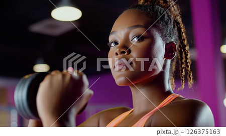 Plus size woman lifting dumbbells and training indoors at the gym, showcasing strength and determination. Generated image Plus size woman lifting dumbbells and training indoors at the gym, showcasing strength and determination. Generated image 126375163