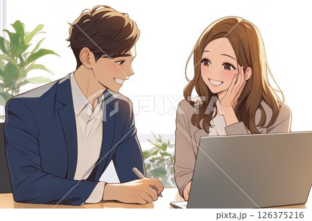 コーチング_男性部下に評価を話す女性マネージャー_イラスト3 126375216