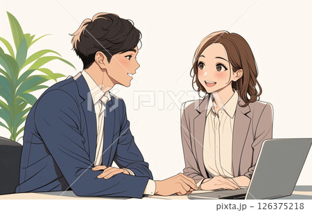 コーチング_男性部下に評価を話す女性マネージャー_イラスト4 126375218