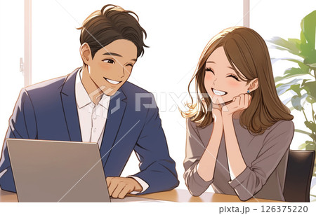 コーチング_女性の部下に評価を話す男性管理職_イラスト3 126375220