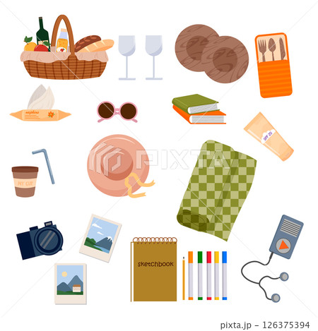 Items for a picnic and plein air. Set. Basket with bread, wine, food. Glass for drinking and plates. Blanket, books and player. Sun hat and sunglasses. Sketchbook for drawing, sunburn cream. Camera 126375394