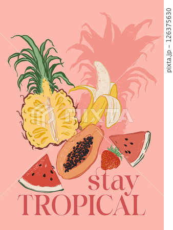 Vector berry poster of papaya, banana and pineapple. Hand-drawn garden harvest sketch. Tasty food illustration for restaurant and cafe interior, fruit market drawing print, fabric or background. 126375630