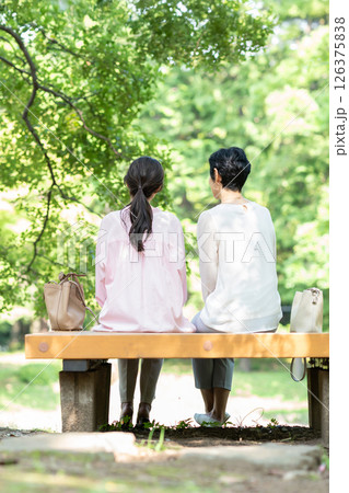 公園のベンチに座るシニア女性の後ろ姿 公園のベンチに座るシニア女性の後ろ姿 126375838