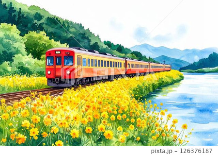 川沿いを走る電車と花 126376187