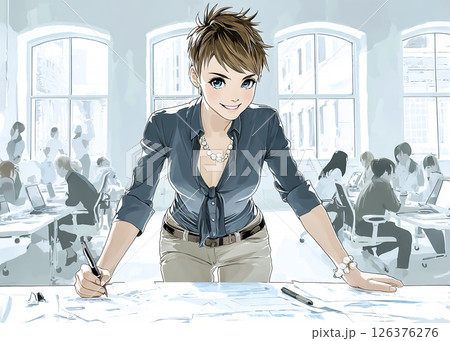 オフィスで働く笑顔のキャリアウーマンのイラスト素材 126376276