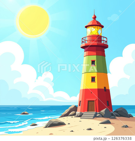 Colorful lighthouse on a sunny beach. 126376338