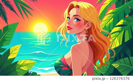Tropical sunset illustration. 126376376