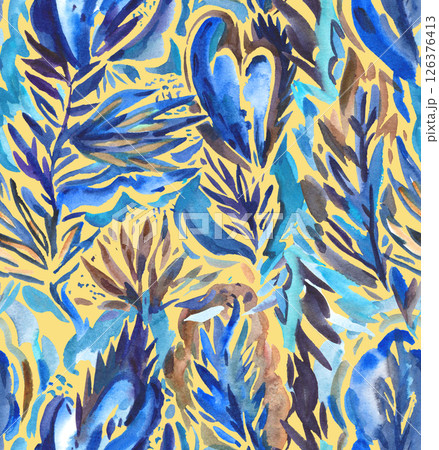 Bright colorful abstract pattern with oraganic shapes and nature elements. Hand drawn illustration 126376413