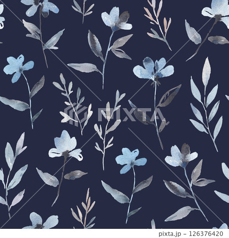 Watercolor seamless pattern with blue indigo floral elements. Artistic print for design and textile. 126376420
