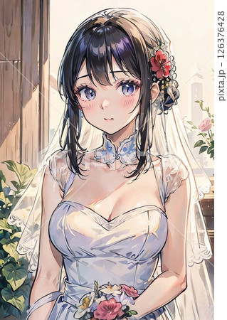 白いウェディングドレスを着た女性のイラスト 126376428