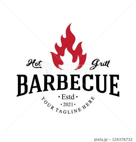 Simple Barbecue Vintage hot grill, with crossed flames and spatula. Logo for restaurant, badge, cafe and bar.vector Simple Barbecue Vintage hot grill, with crossed flames and spatula. Logo for restaurant, badge, cafe and bar.vector 126376732