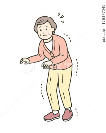 手足の震えや強張りがある高齢女性が恐る恐る歩くイラスト 126377349