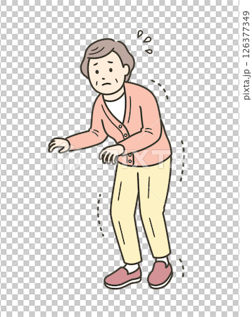 手足の震えや強張りがある高齢女性が恐る恐る歩くイラスト 126377349