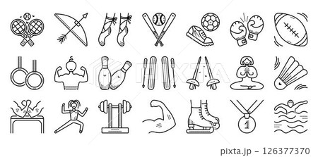 Types of sports, sporty items, black line icon set, 480x480 px signs. 21 vector pictograms 126377370