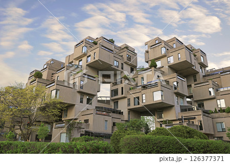 View of Habitat 67, a housing complex consisting of cubes, built at Cite du Havre along the St Lawrence River by Moshe Safdie 126377371