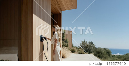 Woman Charging Her Electric Car at a Modern Home Surrounded by Nature, Embracing Sustainable Living. Generated image 126377440