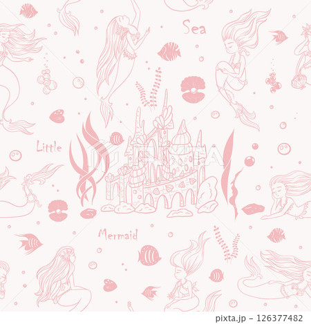 Seamless pattern kids with sea life, mermaids and castle, continuous pattern in pink Seamless pattern kids with sea life, mermaids and castle, continuous pattern in pink 126377482