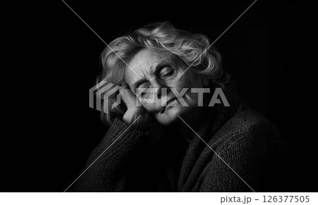 Senior woman looking exhausted with her head resting on her hand, reflecting a moment of fatigue. Generated image 126377505