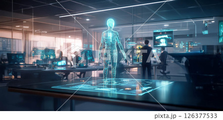 A futuristic office with a floating AI assistant enhancing productivity through multitasking and digital interfaces. Generated image 126377533