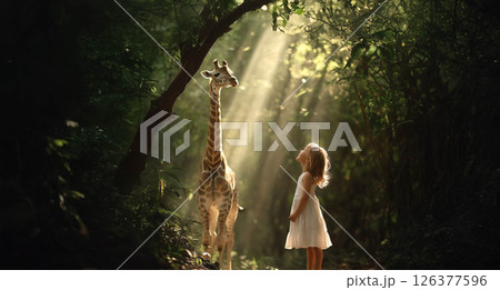 A young girl smiles in awe as she watches a graceful giraffe move through a sunlit forest. Generated image 126377596