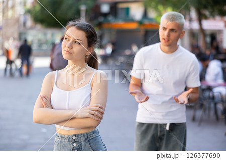 Quarrel between guy and girl during walk Quarrel between guy and girl during walk 126377690