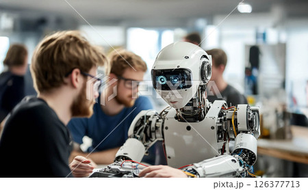Group of Engineers Working on Robotics with Robots in a Laboratory. Generated image 126377713