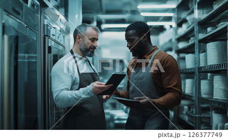 Factory Manager Collaborates with Migrant Worker Using Tablet Technology on the Production Floor. Generated image Factory Manager Collaborates with Migrant Worker Using Tablet Technology on the Production Floor. Generated image 126377749
