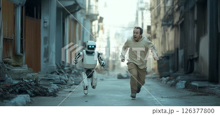 Man Running Through City Streets, Escaping a Robot Controlled by Artificial Intelligence. Generated image 126377800