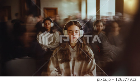 Vibrant Energy: A Group of 23 Year Old Students Enjoying Music with Motion Blur Effect. Generated image 126377912