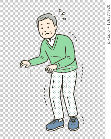 Illustration of an elderly man with trembling and stiff limbs walking fearfully 126377920