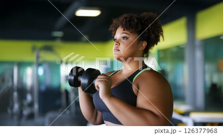 Plus size woman lifting dumbbells and training indoors at the gym, showcasing strength and determination. Generated image Plus size woman lifting dumbbells and training indoors at the gym, showcasing strength and determination. Generated image 126377968