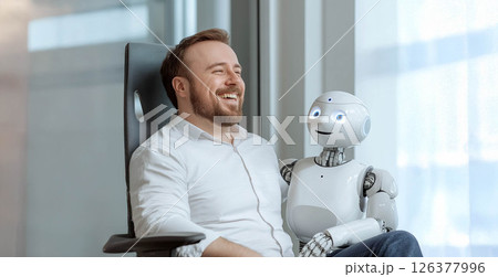 Happy Office Worker Collaborating with Robot Assistant on Tasks. Generated image 126377996