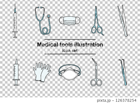Black and white line drawing illustration of medical equipment icon set | Syringe, mask, scissors, tweezers, stethoscope (monochrome color) 126378254