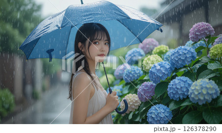 紫陽花と雨の中で傘をさす少女 126378290