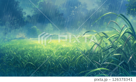 大雨が降っている草原の風景、アニメ風 大雨が降っている草原の風景、アニメ風 126378341