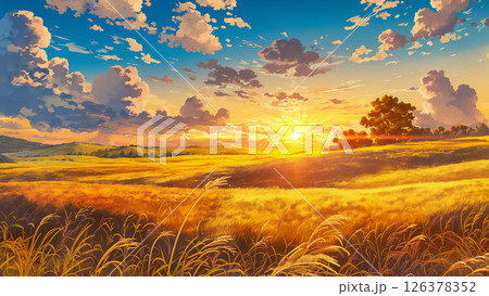 地平線に夕日が沈む草原の風景、アニメ風 126378352