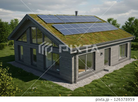 グリーンルーフとソーラーパネルを備えたエコハウス2 AI生成画像 グリーンルーフとソーラーパネルを備えたエコハウス2 AI生成画像 126378959